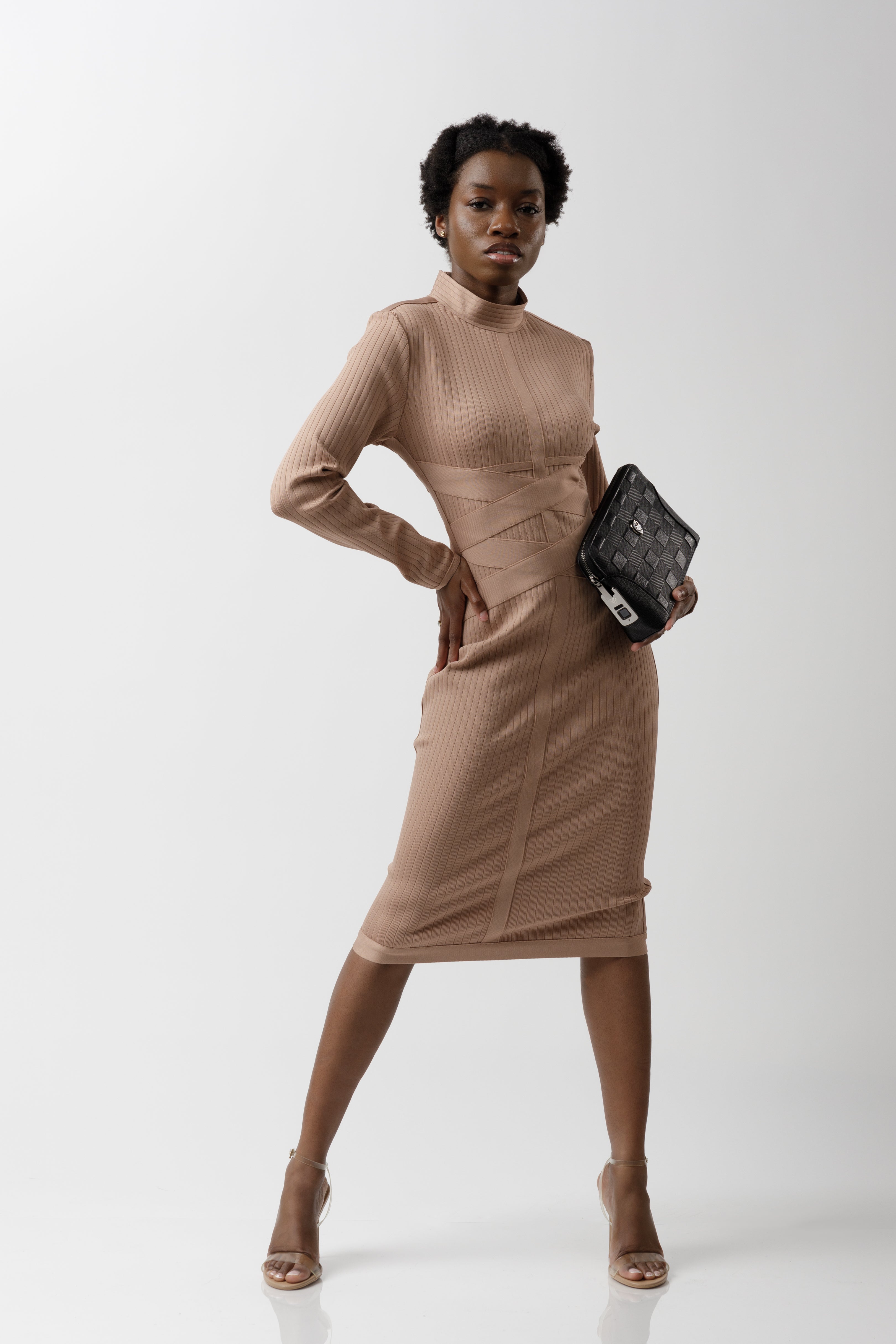 Bandage dress camel long sleeve-3