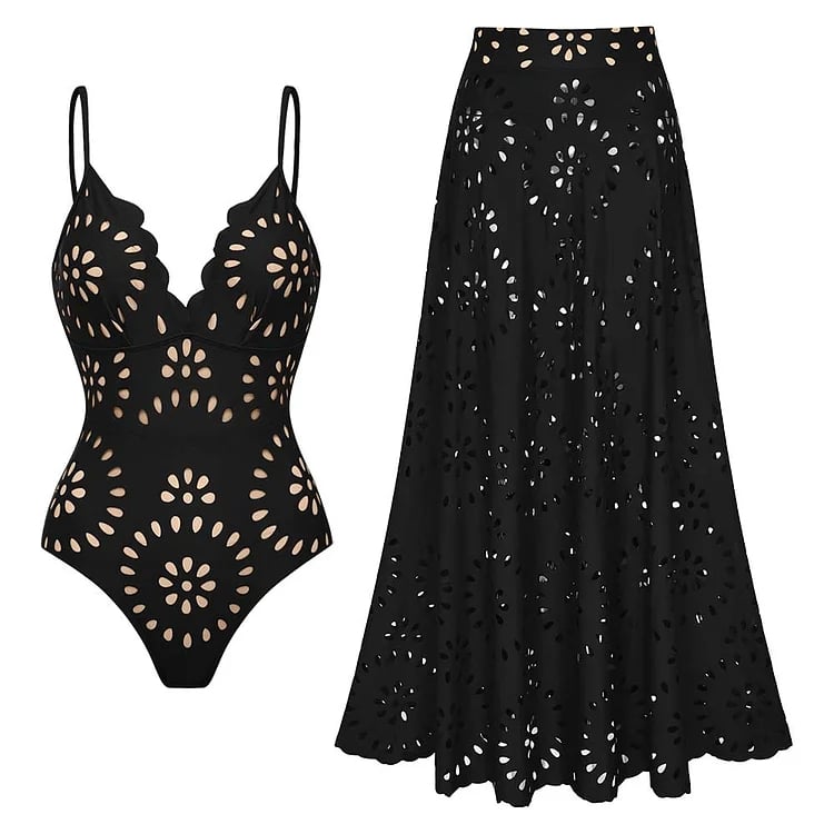 Maillot de bain en deux pièces découpé au laser avec fleurs