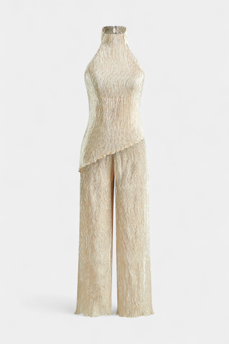 Ensemble élégant haut plissé et pantalon fluide